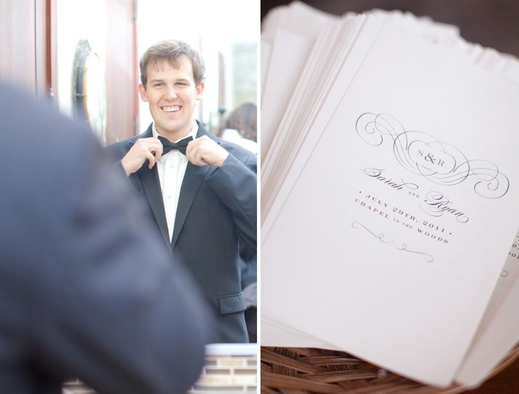 groom tying bowtie