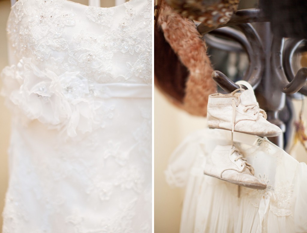 wedding dress and baby shoes