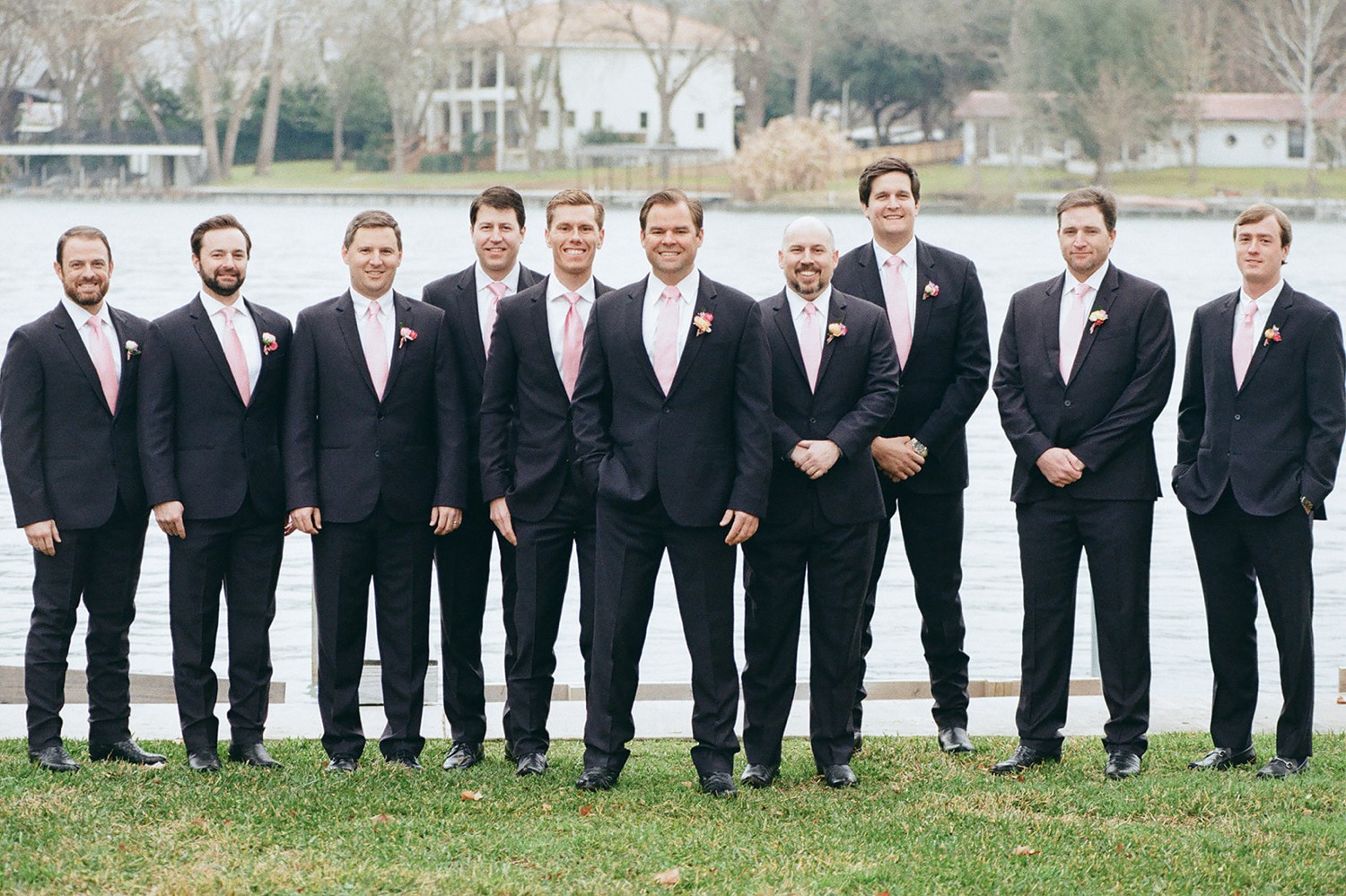 Groomsmen Photos in front of Lake for Texas Wedding