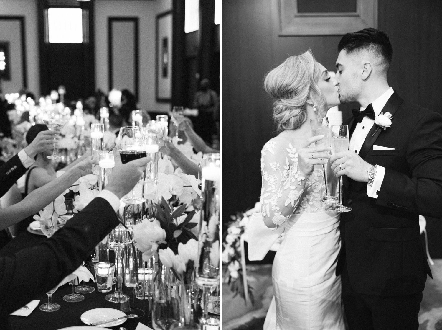 Bride and Groom kiss with drinks