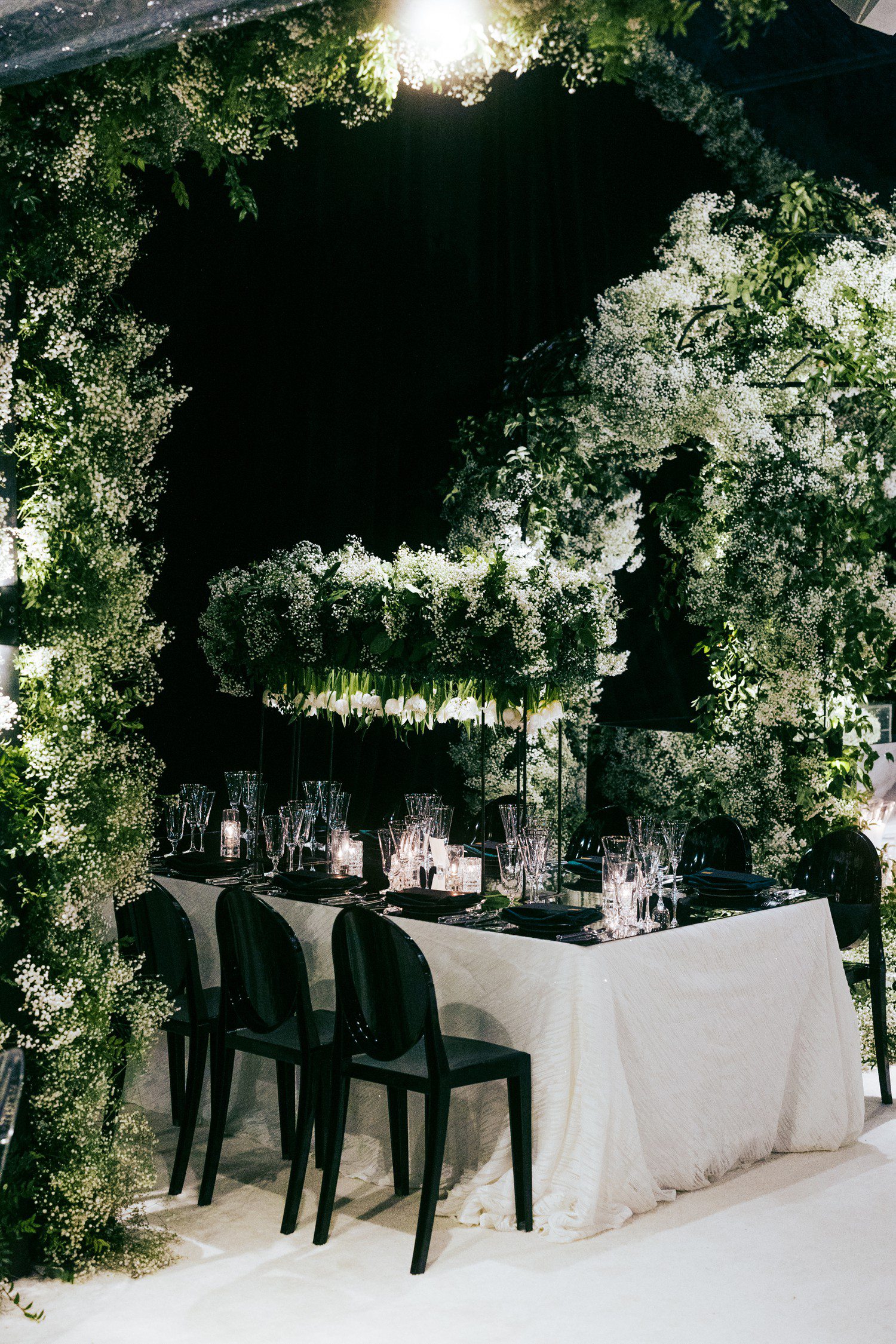 Black and White Wedding Reception with Baby's Breath