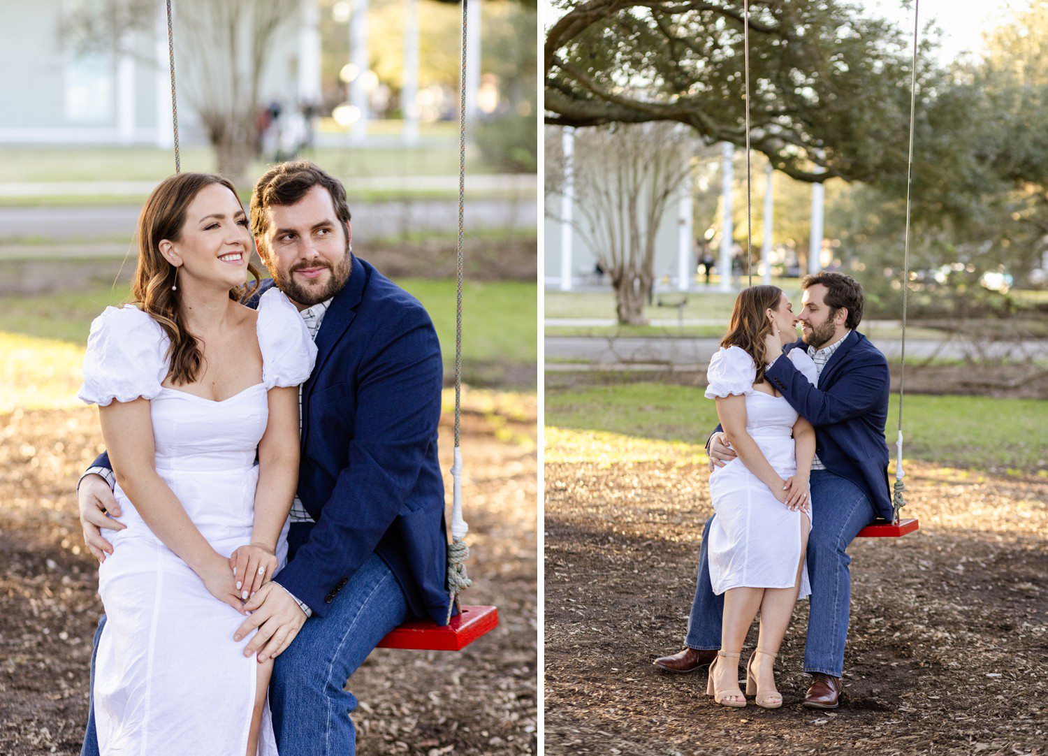 Houston engagement session at the Menil Collection on swing 