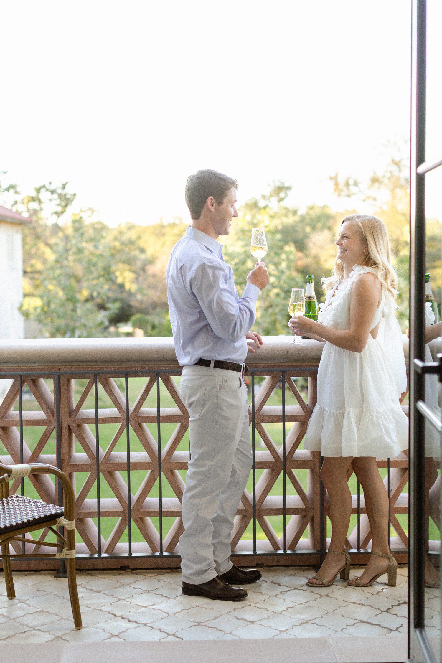 Engagement Photos with champagne at Commodore Perry Estate