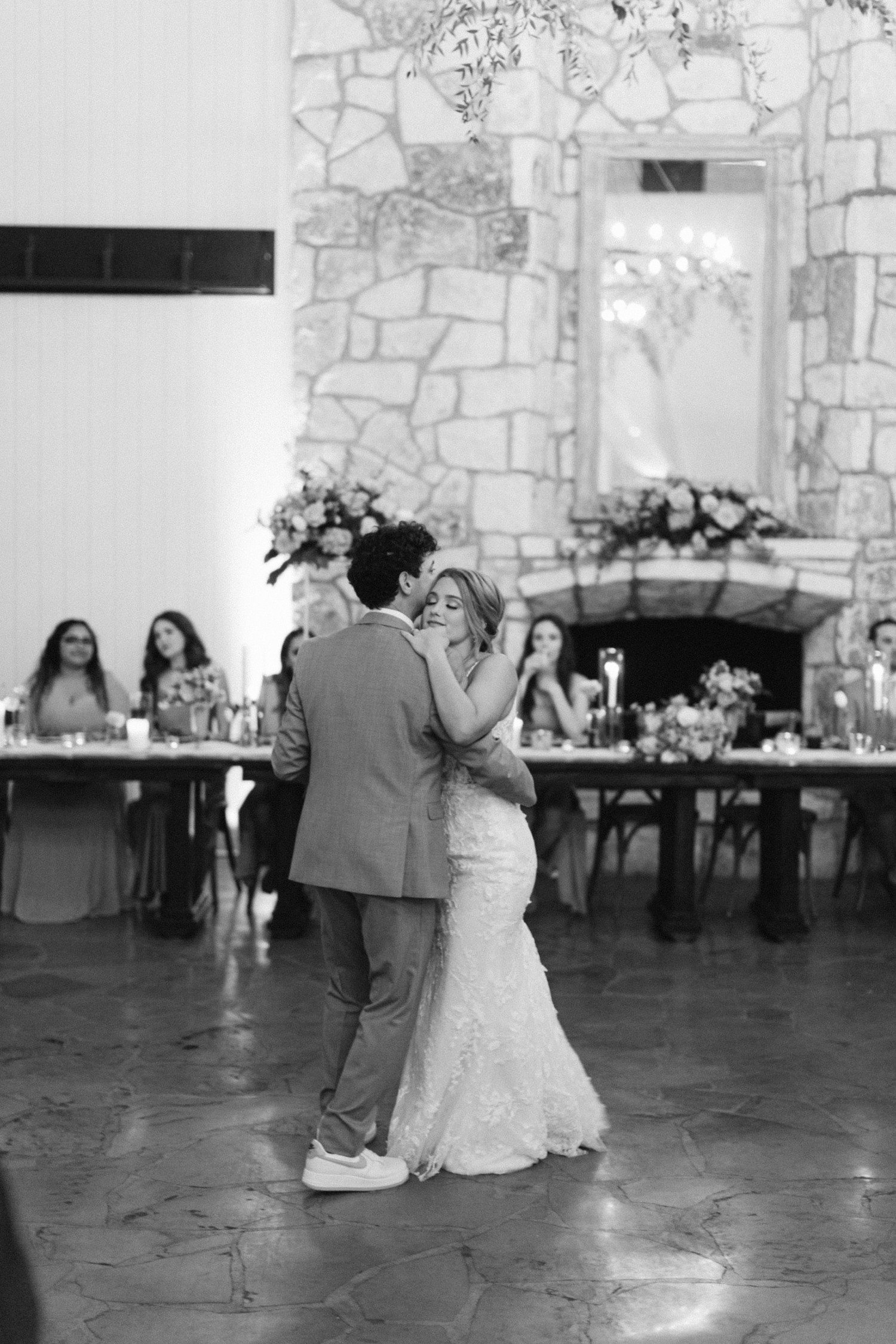 Bride and groom first dance during reception at Sendera Springs.