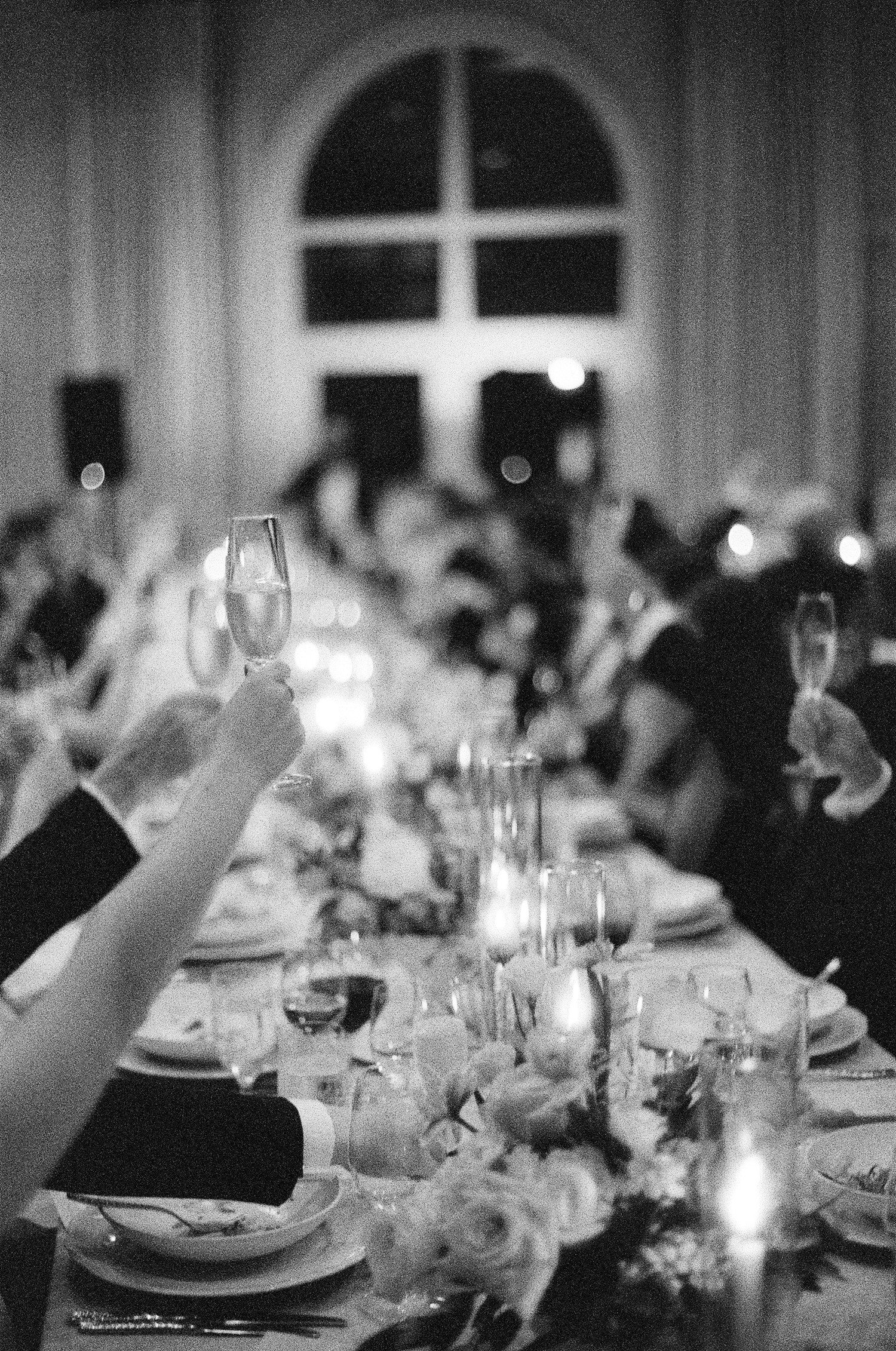 Guests toasting at wedding reception. 