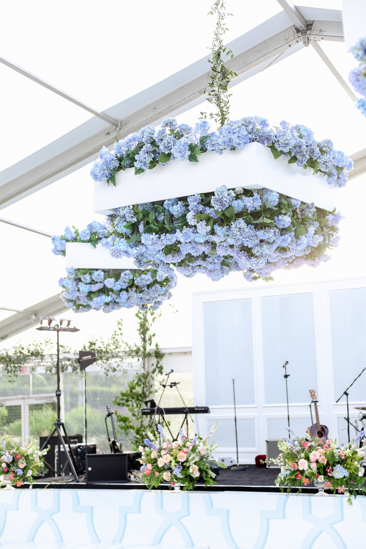 Blue hydrangea floral installation at wedding. 