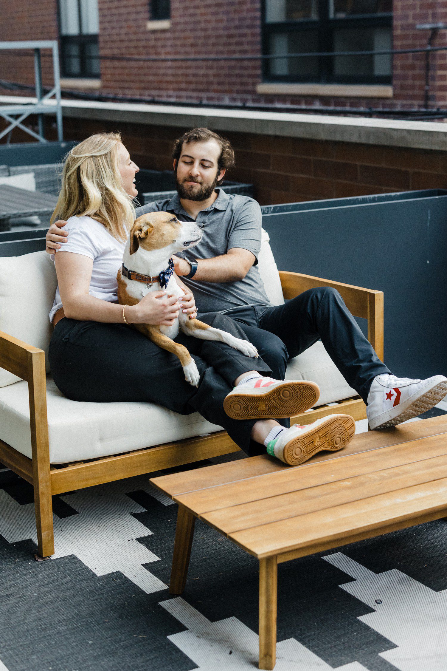 Chicago engagement session with dog at apartment. 