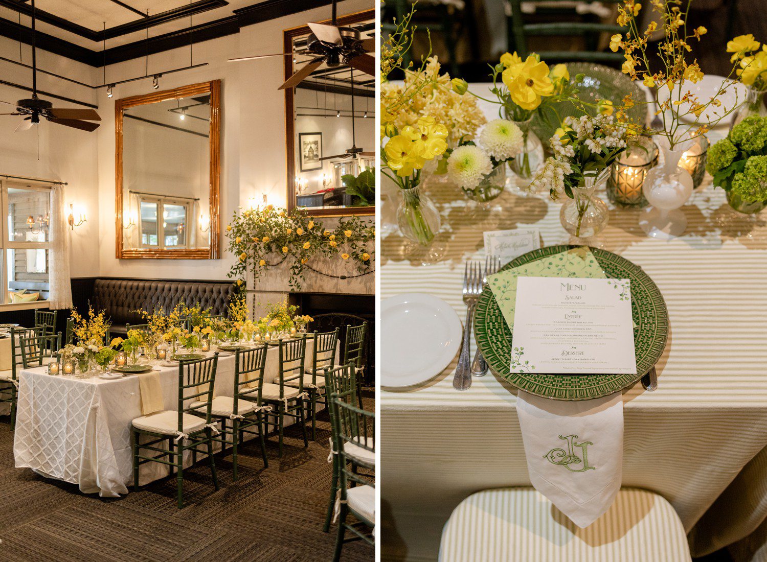 Wedding rehearsal dinner details with yellow flowers and green plates.