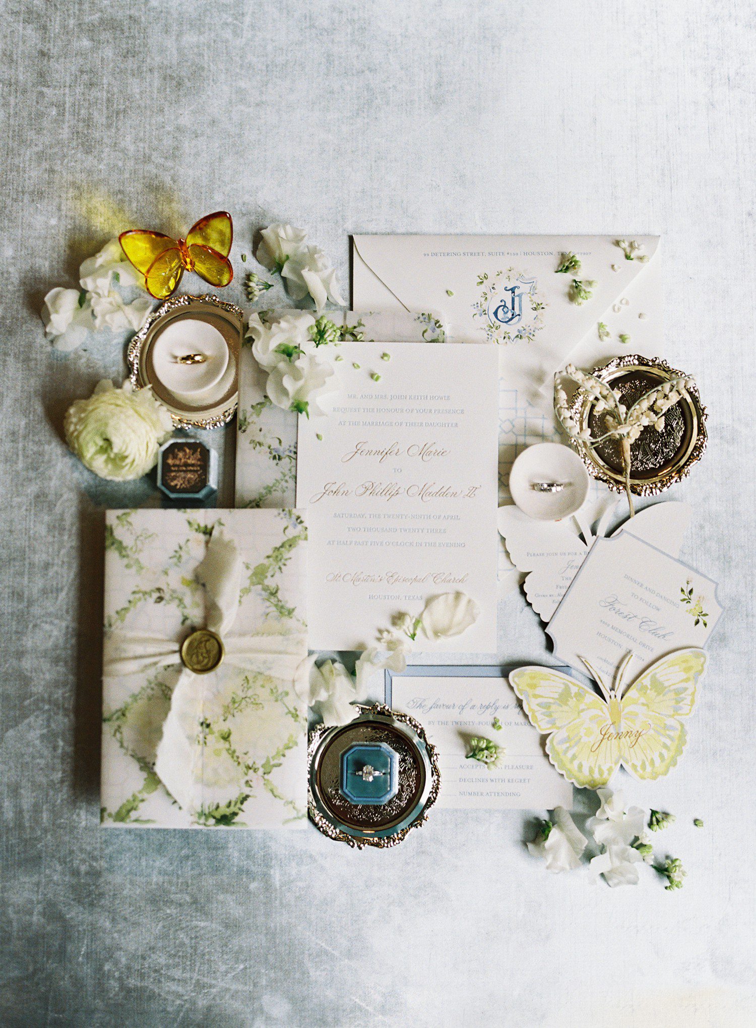 Wedding invitation flat lay with butterflies
