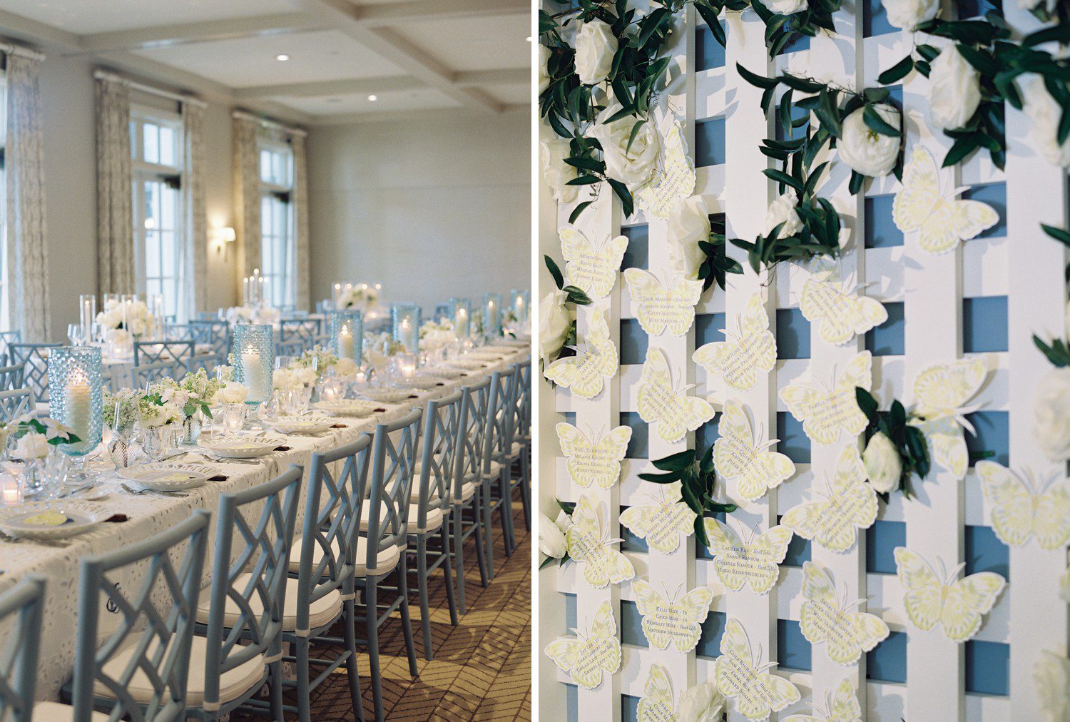 Blue and white wedding reception decor and table details.