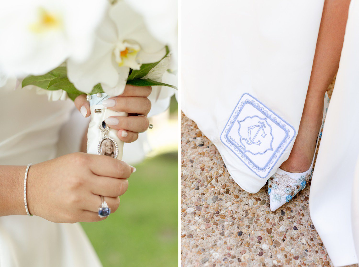 Bridal bouquet and wedding dress details.