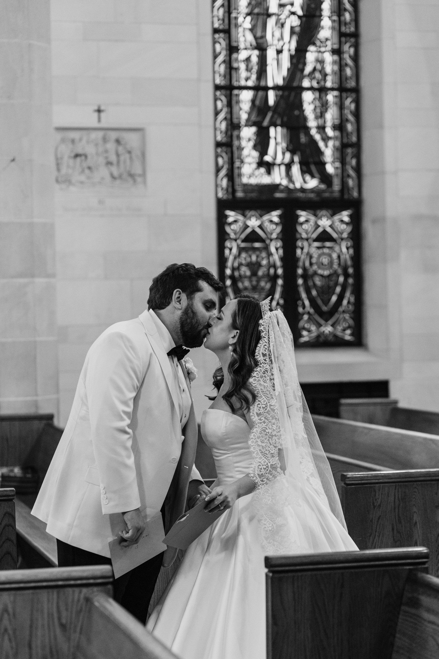 Bride and groom first look in Holy Rosary Church in Houston.