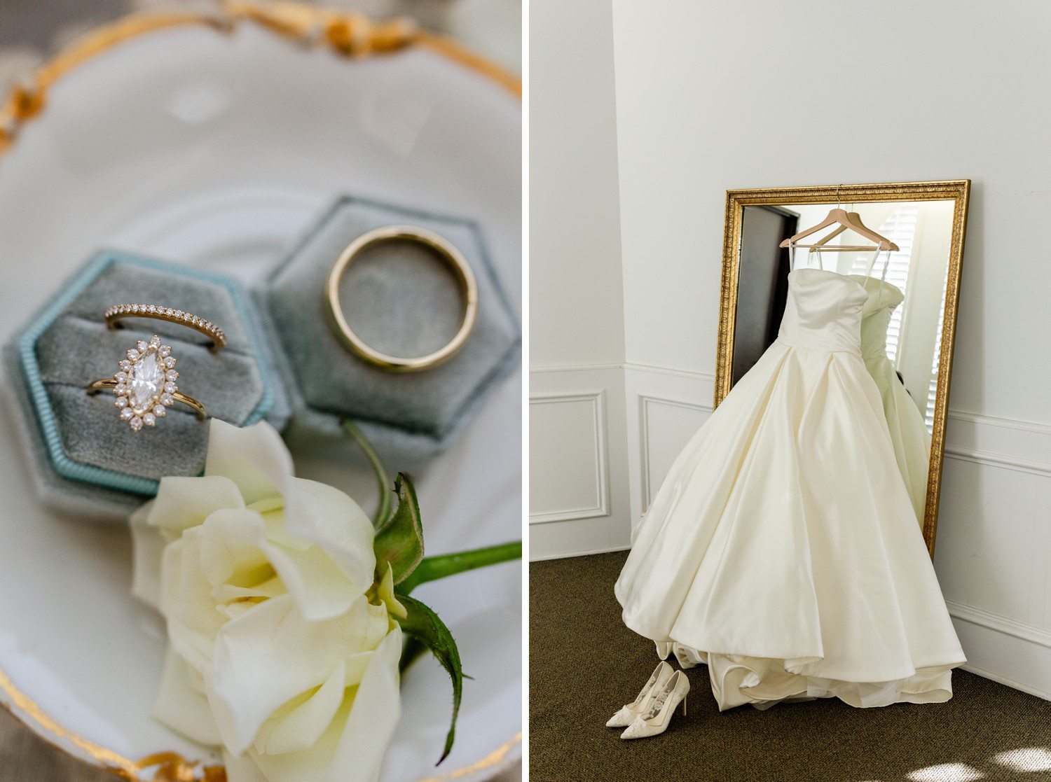 Wedding ring and wedding dress hanging on mirror.