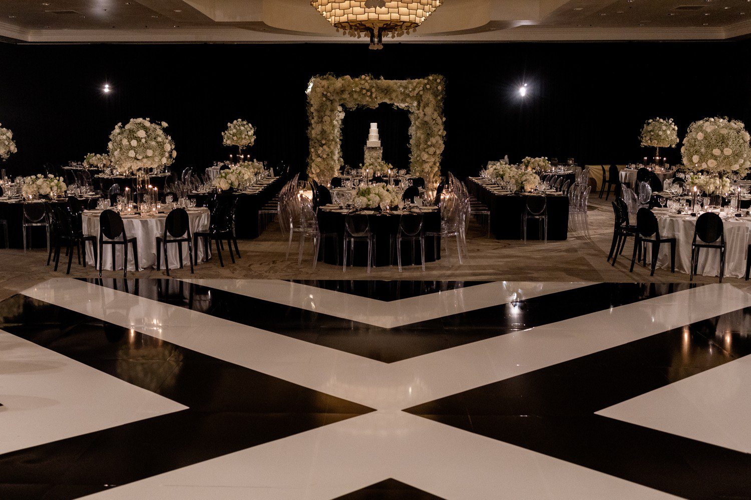 Black and white theme wedding reception at Four Seasons in Austin TX. 
