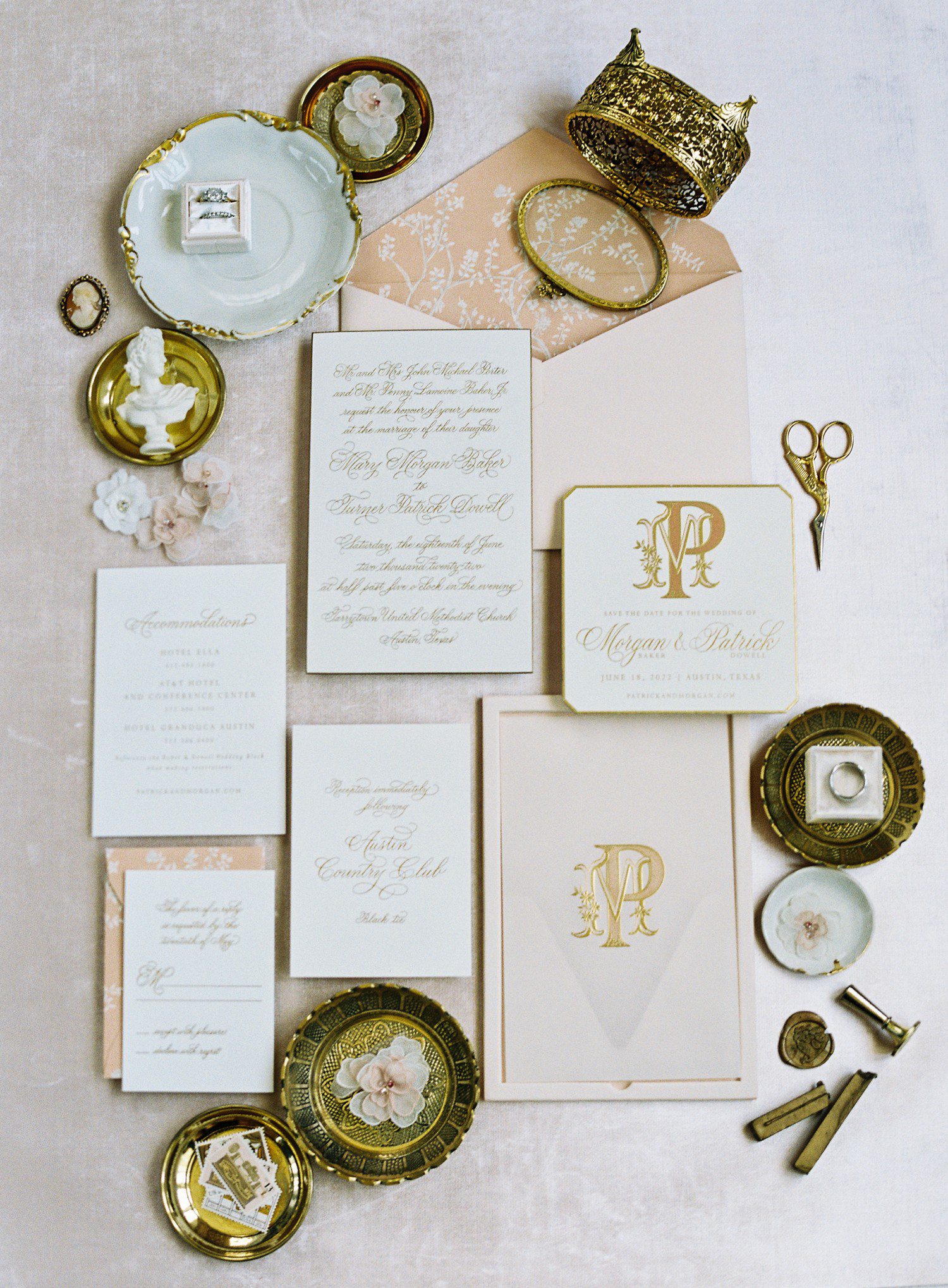 Gold and pink wedding invitation details