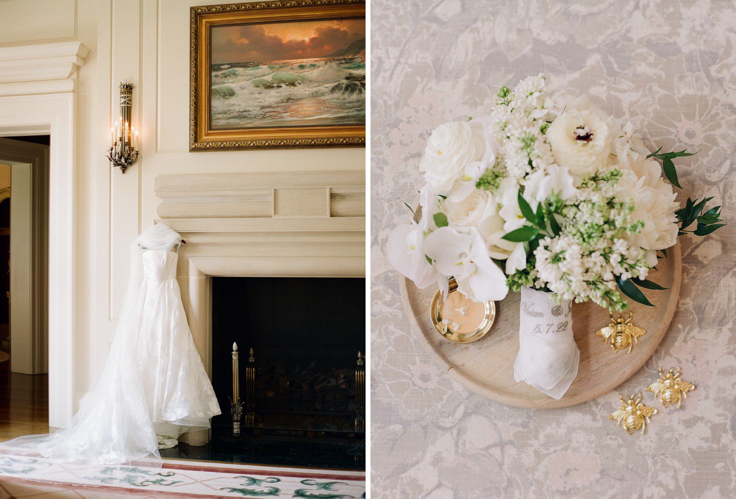Wedding Dress and White Wedding Bouquet Details 