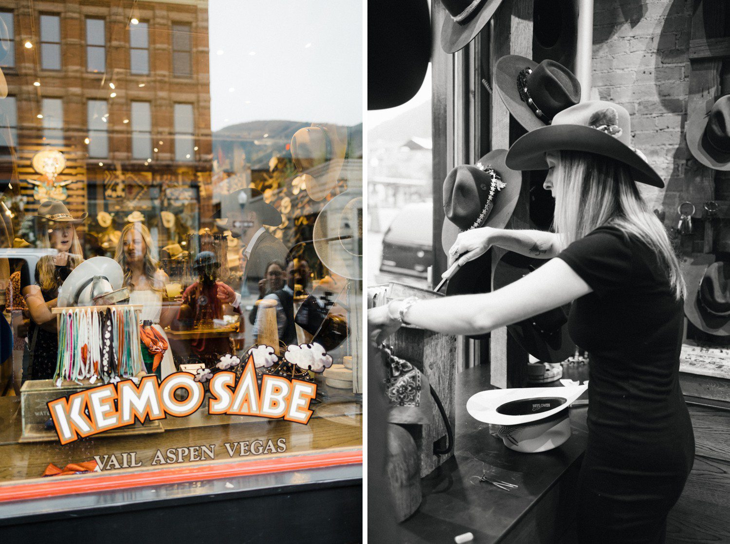 Bride getting custom hat at Kemo Sabe in Aspen.