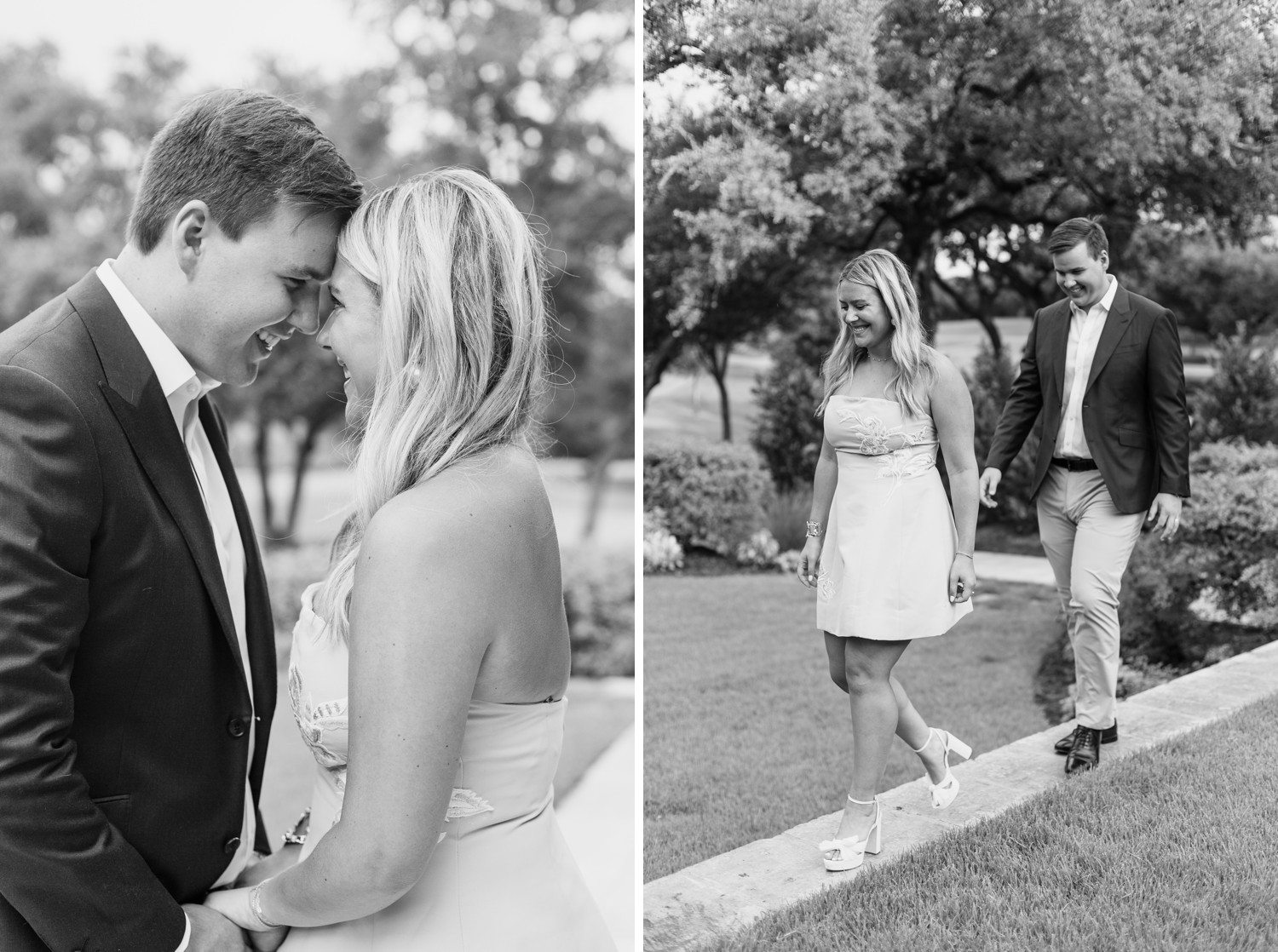 Couple walking together for engagement photos at Austin Country Club 