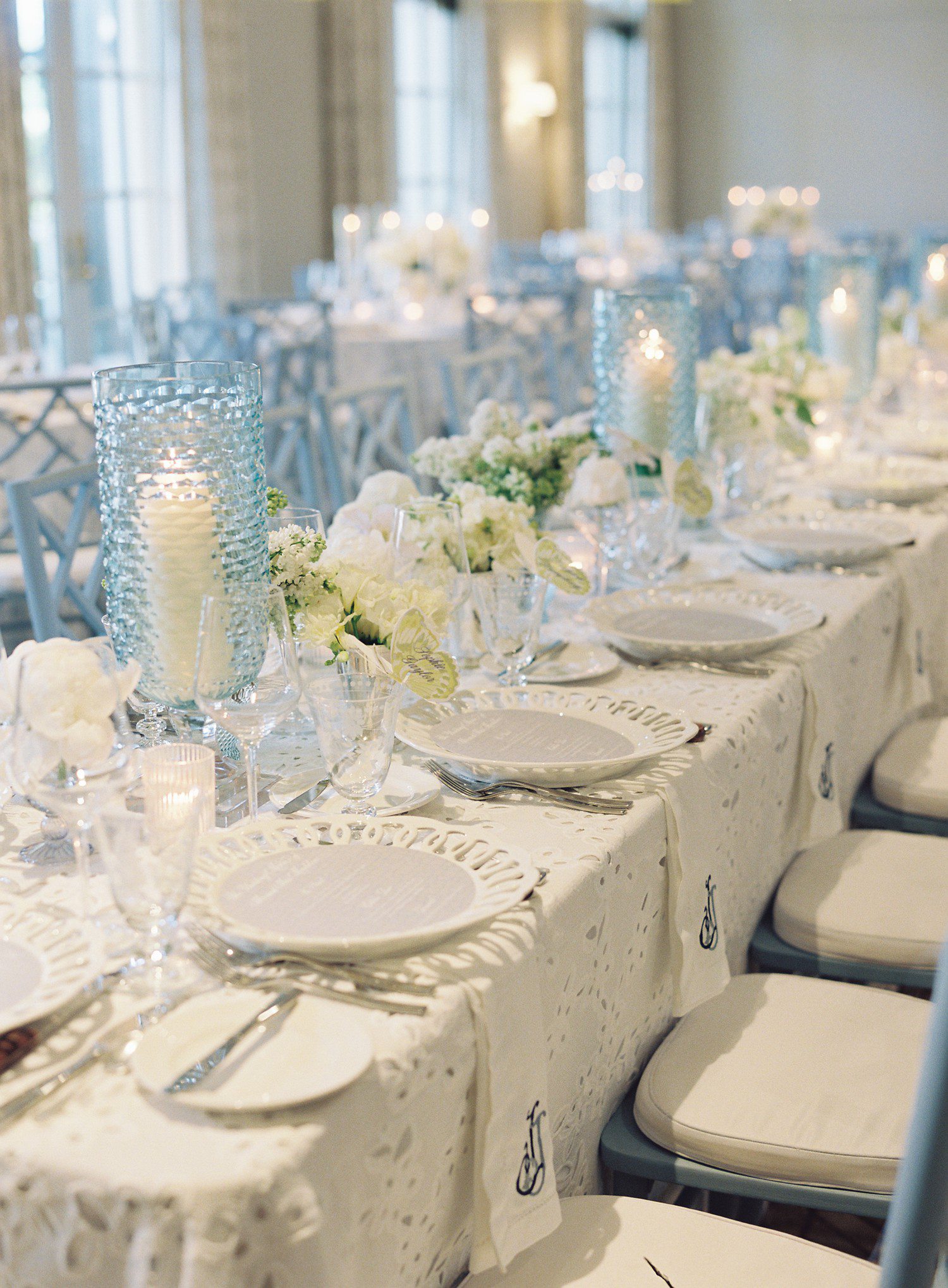 Wedding tablescape with light blue and white details.