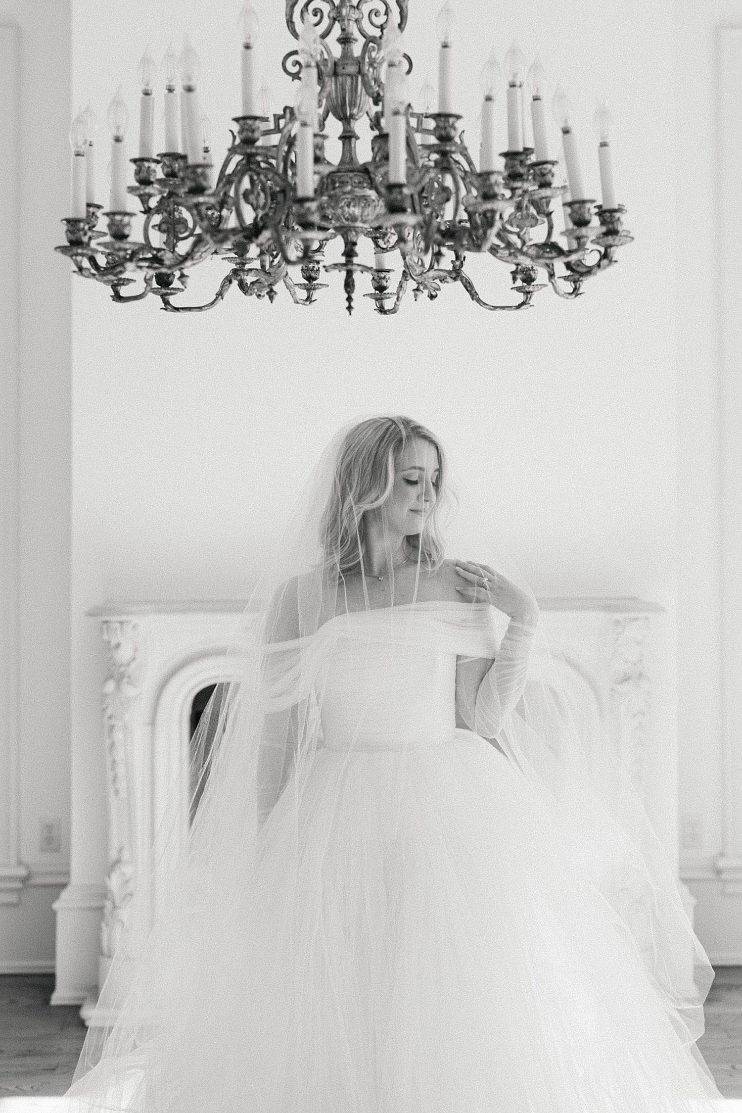 Black & white photo of bride at Creative Chateau in Houston