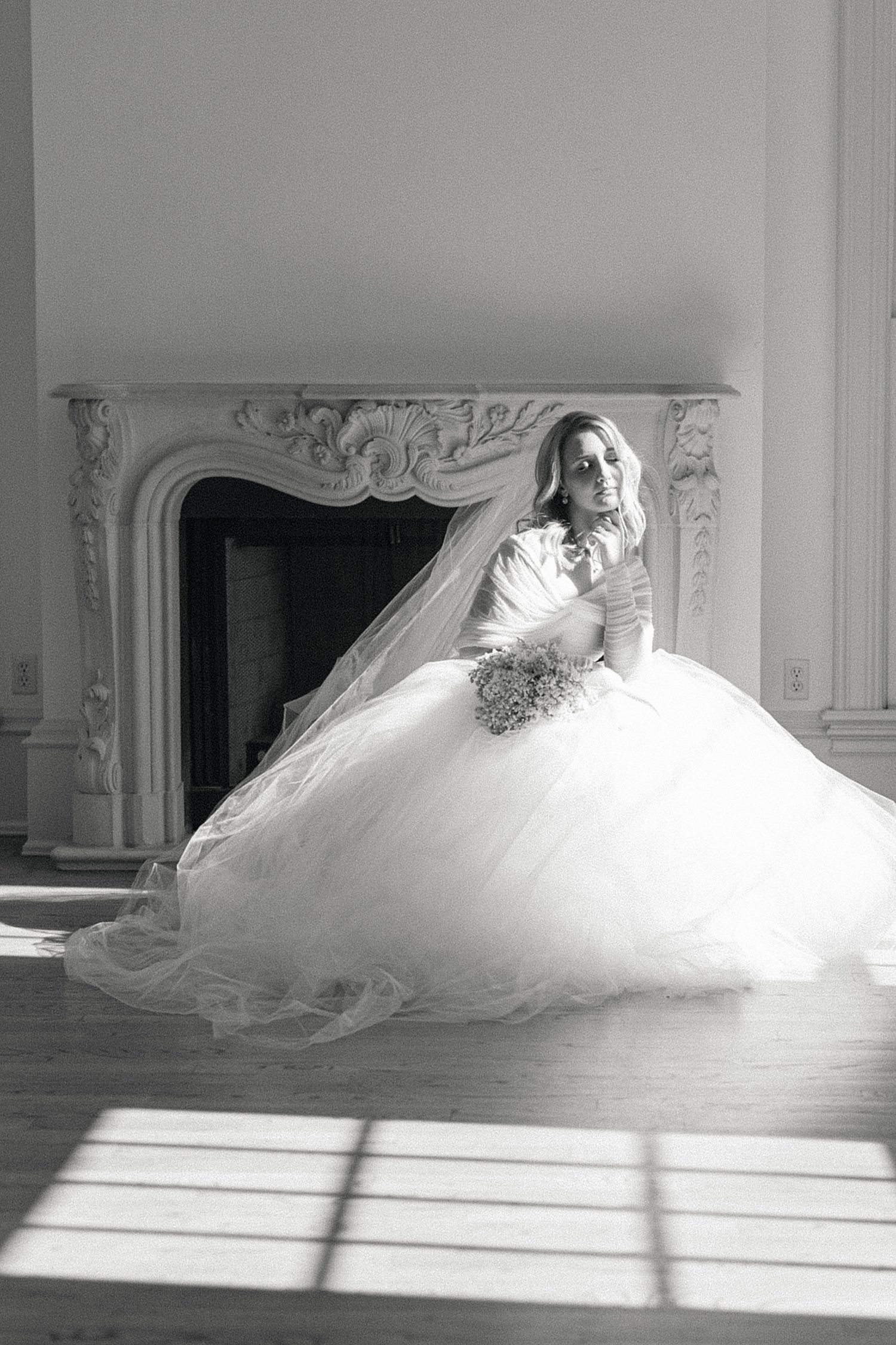 Black & white photo of bride at Creative Chateau in Houston