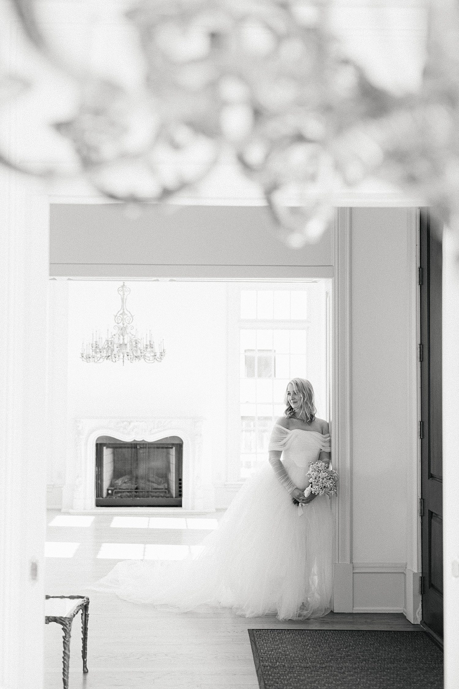 Black & white photo of bride at Creative Chateau in Houston