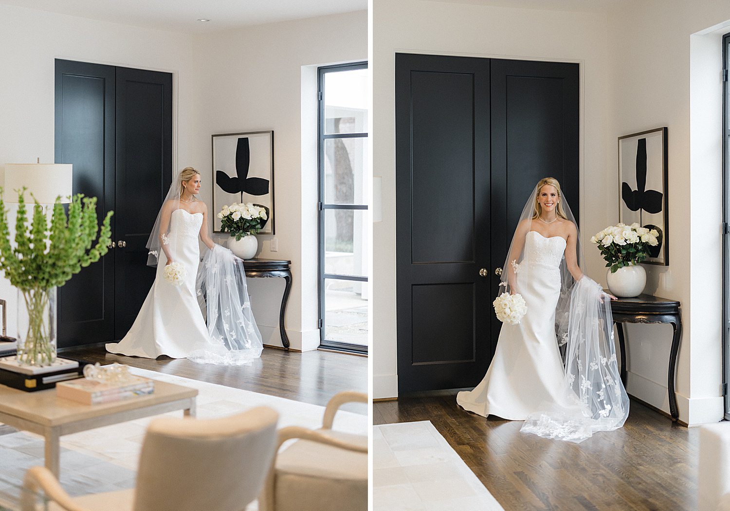 Bride holding bouquet during bridal photoshoot at home in Houston