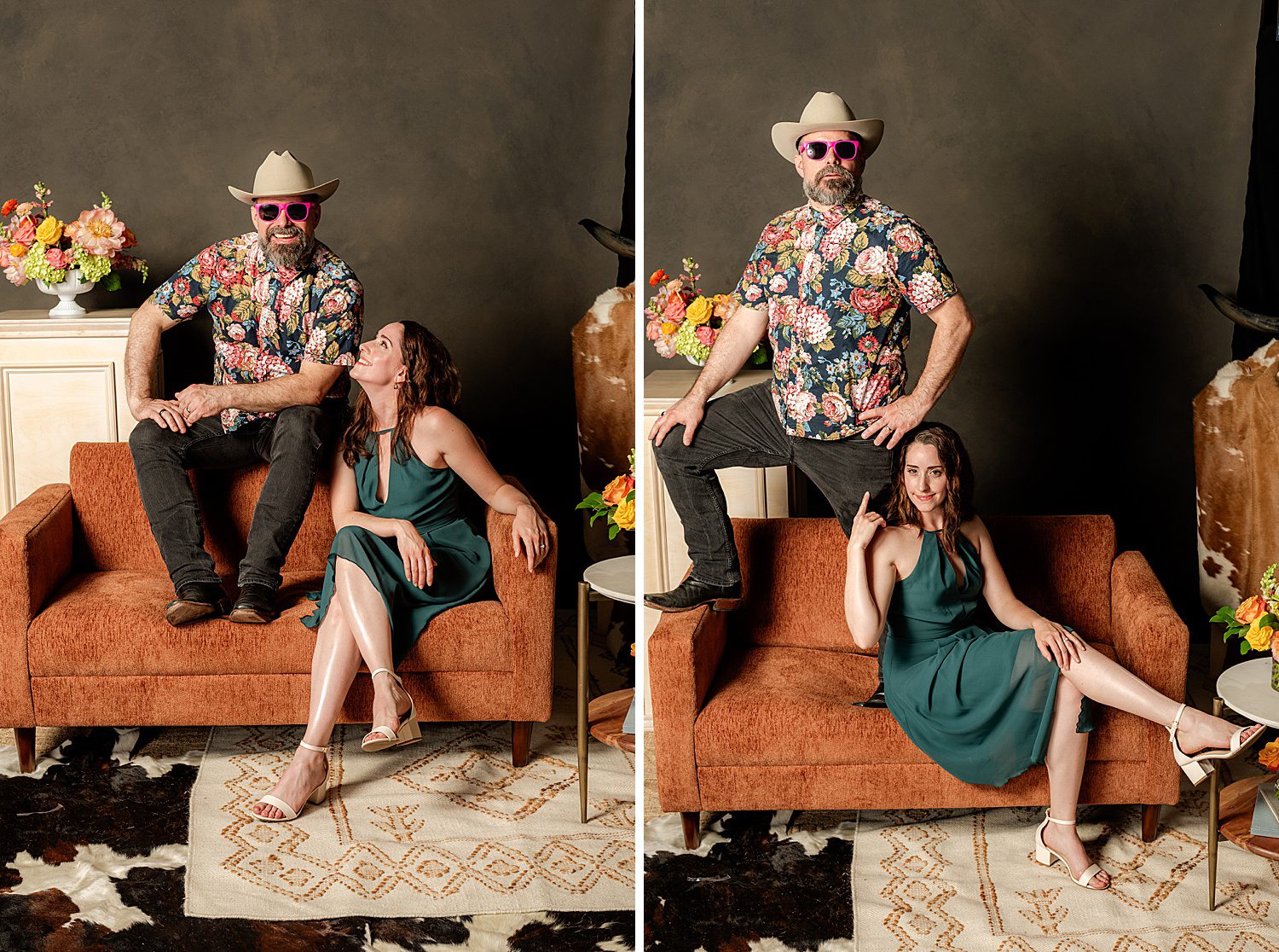 man in cowboy hat and sunglasses with wife in luxury photo booth