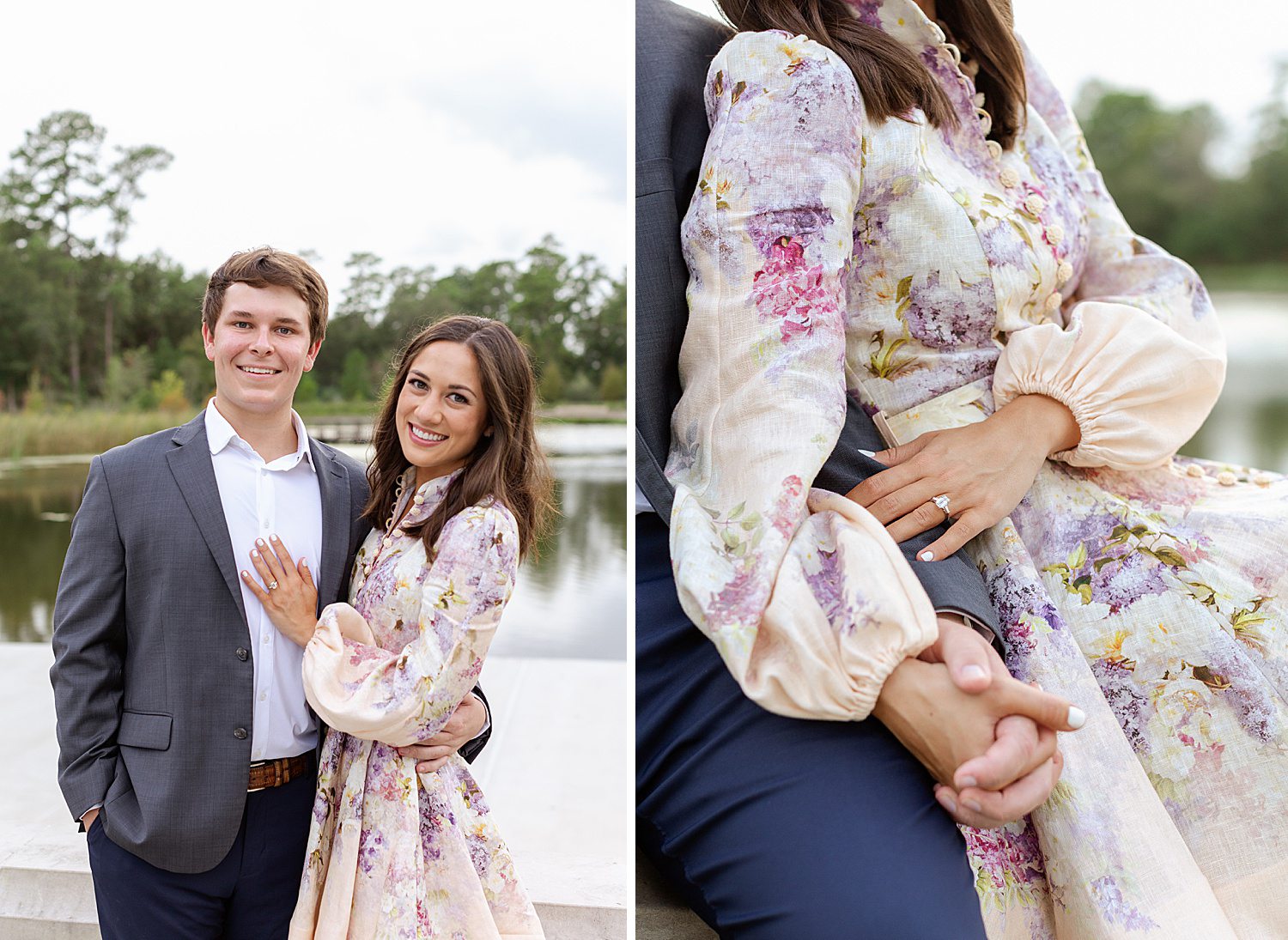 Man and his fiancé hugging and holding hands