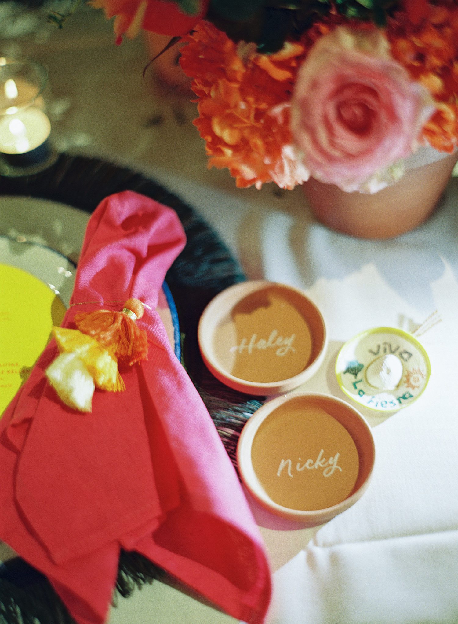 Bride & groom's place settings at rehearsal dinner