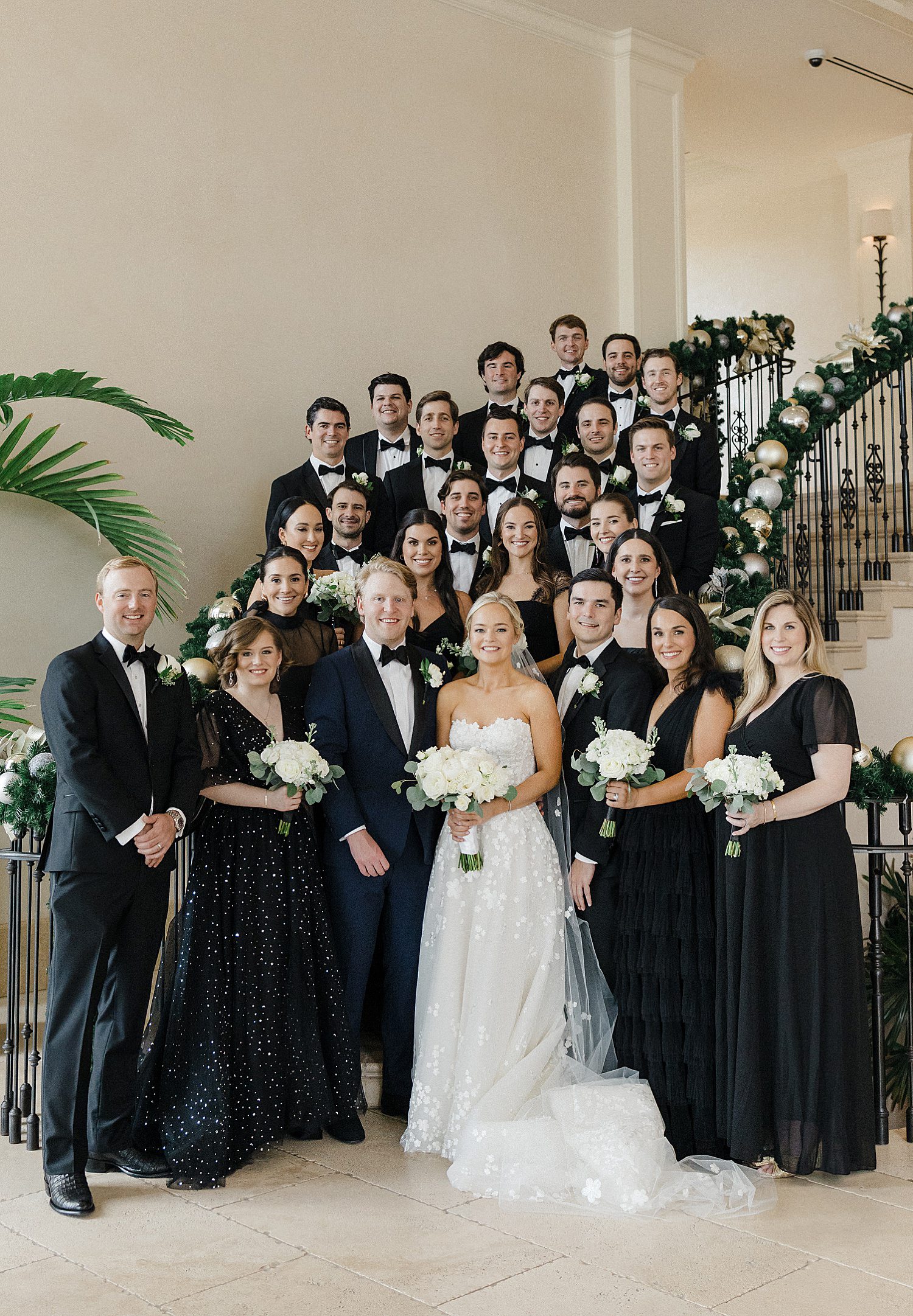 Wedding party posed on stairs for photo