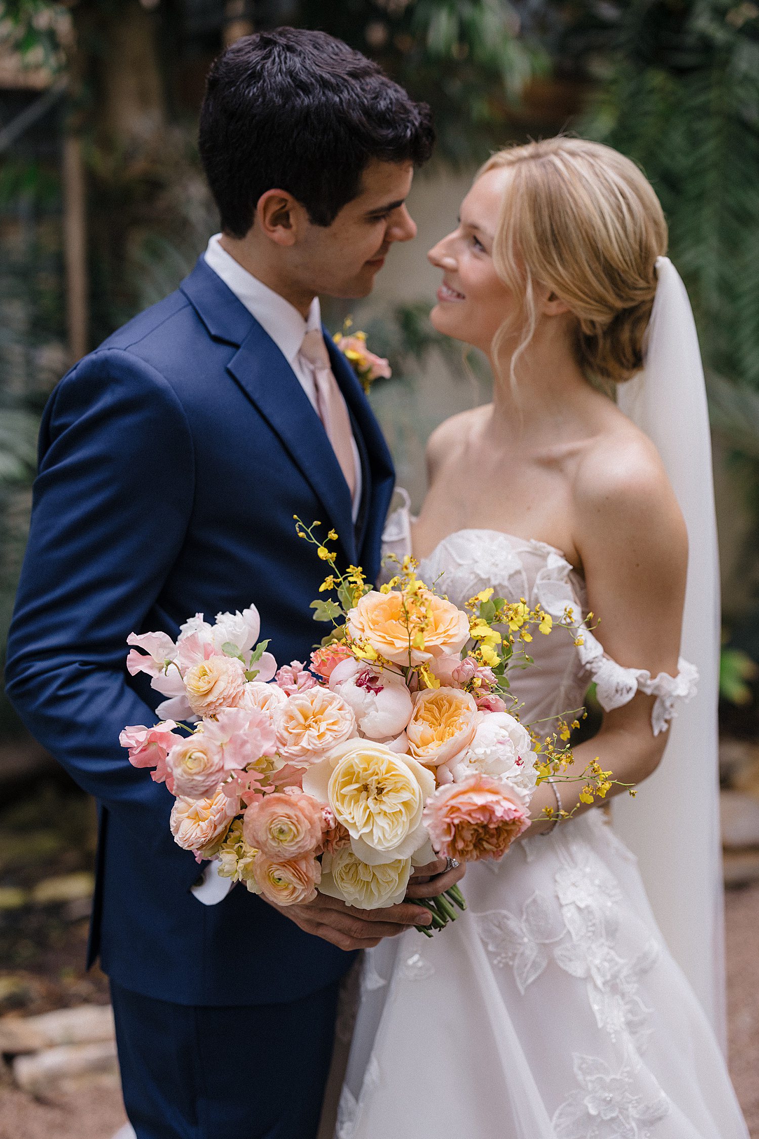 Bride & groom looking into each other's eyes after ceremony at The Greenhouse at Driftwood