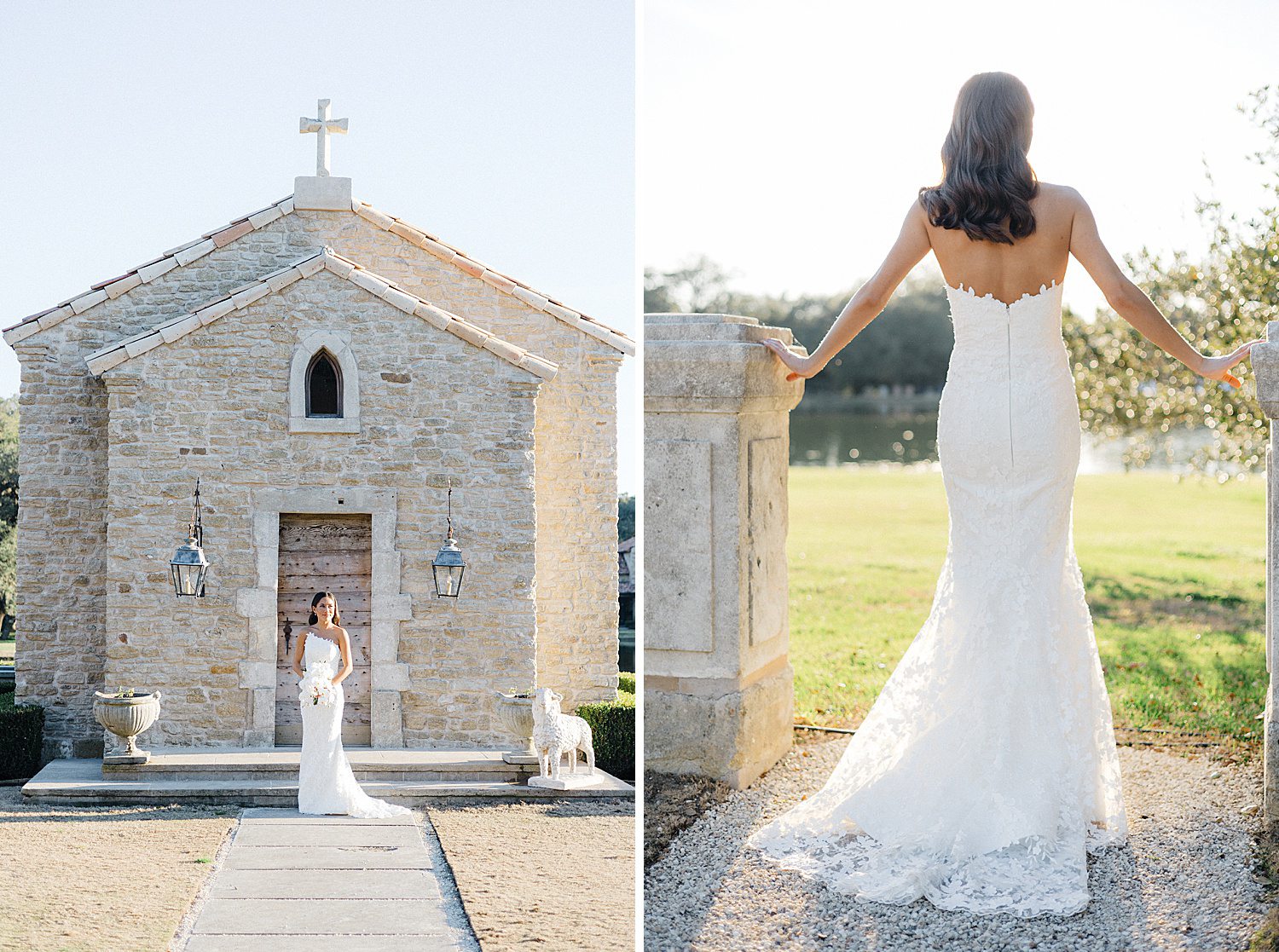 Bride in front of chapel bridal photoshoot at Houston Oaks Country Club