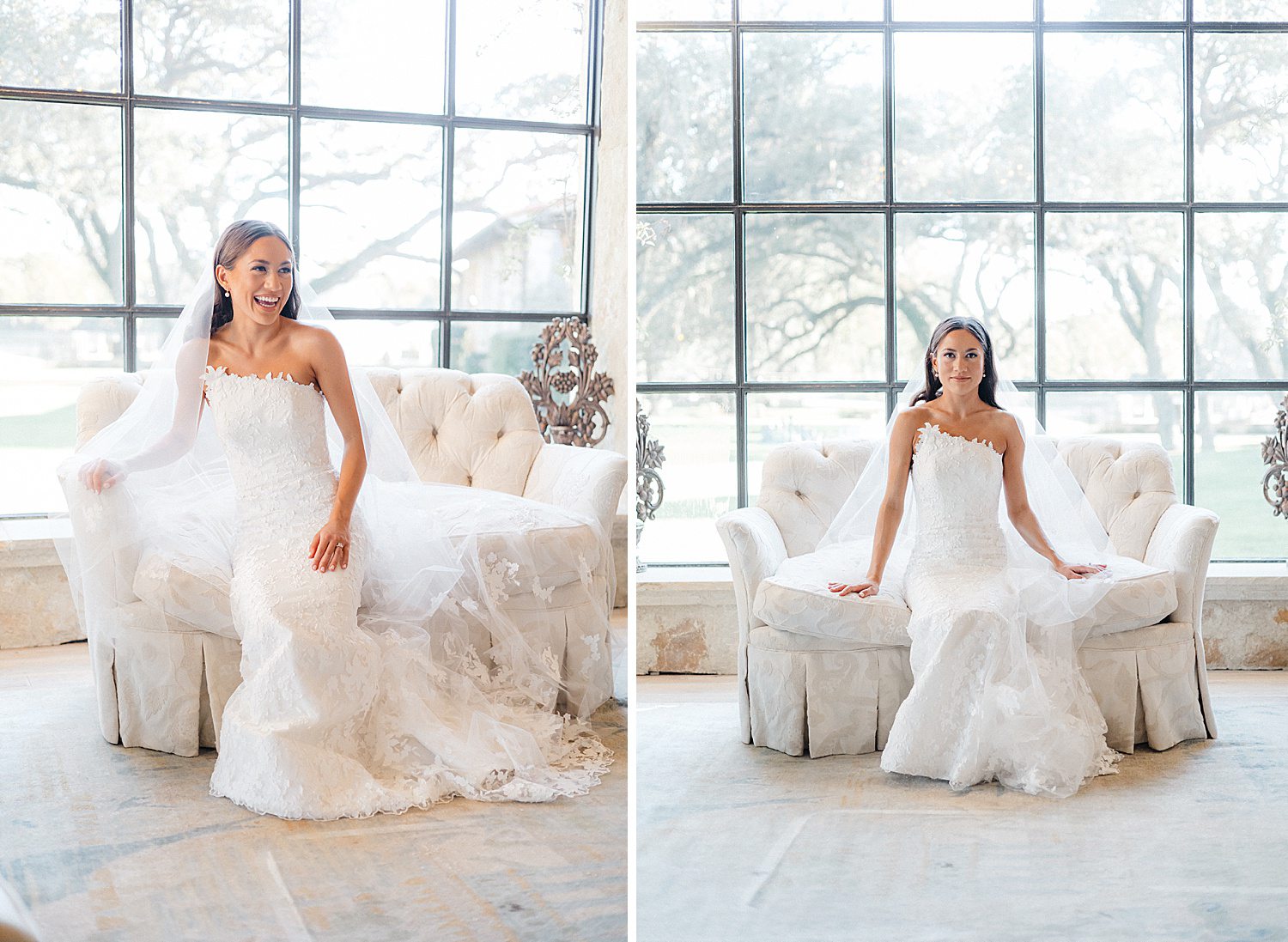 Bride sitting on couch in front of large windows and laughing