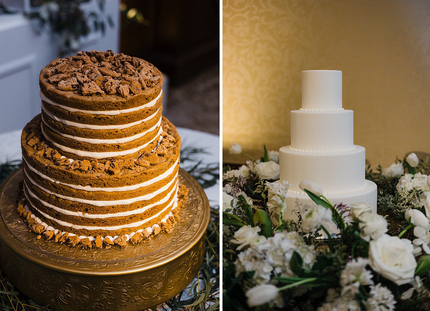 Groom's cookie cake and 4 tier bride's cake with white fondant